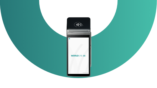 A POS terminal device in front of a agreen semi-circle